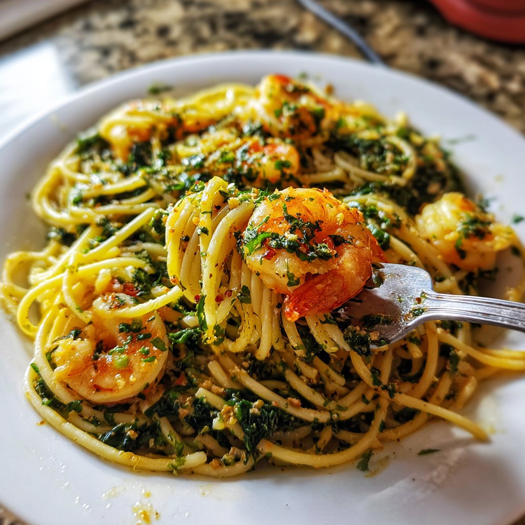 Lemon Spinach Spaghetti with Shrimp