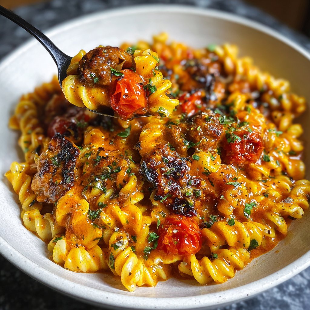 One Pot Cajun Sausage Pasta with Roasted Cherry Tomatoes